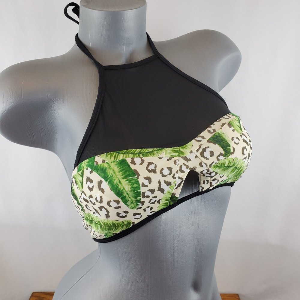 Swimsuit Top Green Black Large Mesh Leaves